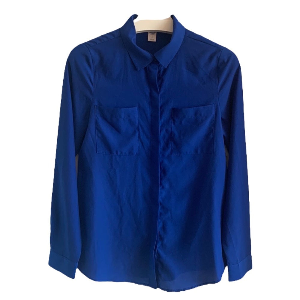Old Navy NEW Blouse Blue Small Button Up Semi-Sheer Breast Open Business Casual